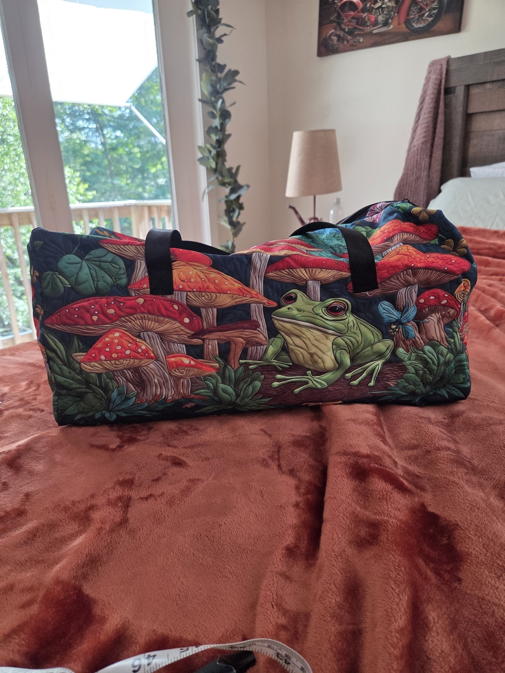Colorful Frog & Mushroom Quilted Duffel Bag